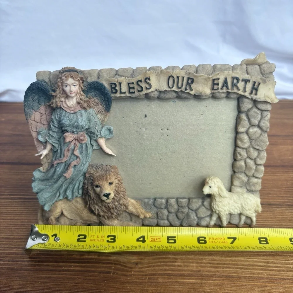 Bless Our Earth Angel Lion Lamb Picture Frame Resin Religious Nature Decor